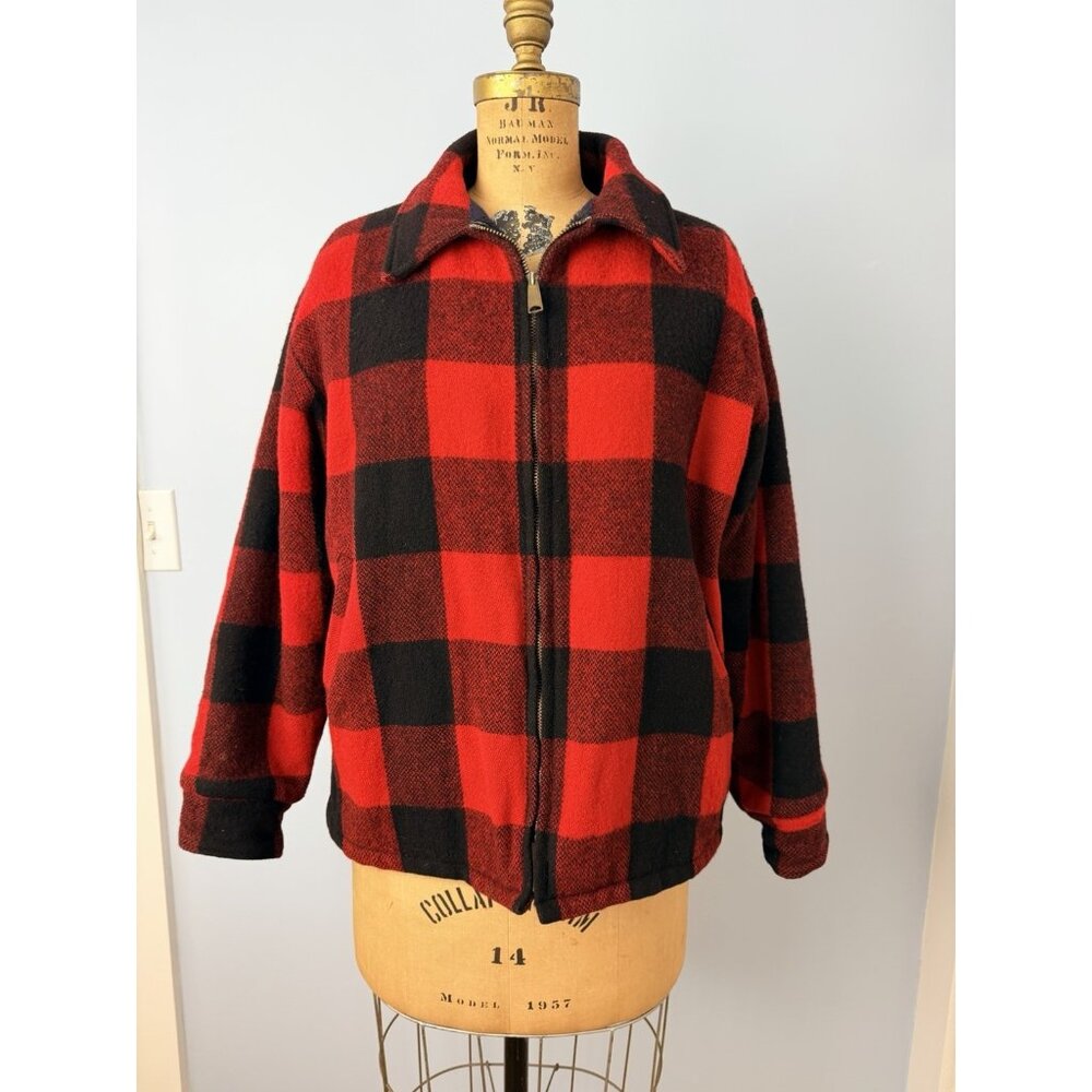 Vintage Woolrich Red Black Buffalo Plaid Wool Blend Jacket Mens L Talon Zipper